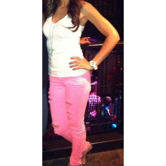 neon pink distressed jeans